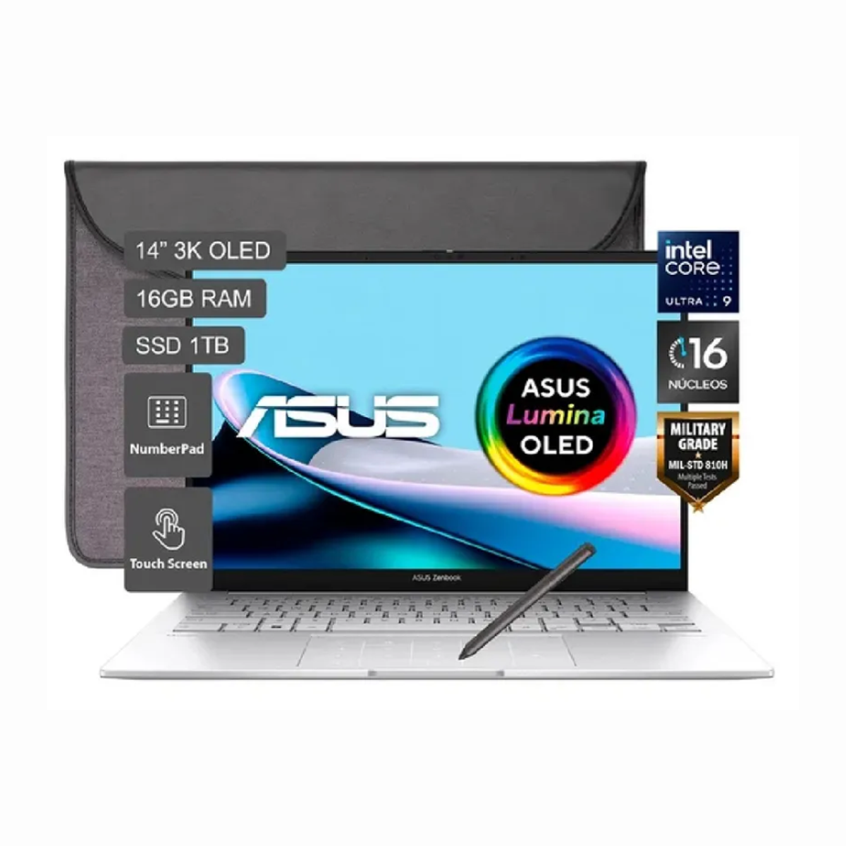 Notebook Asus Zenbook UX3405C 14″ Touch 3K OLED, Intel Core Ultra 9 285H, 16GB DDR5, 1TB SSD, Windows 11 Español, Lápiz